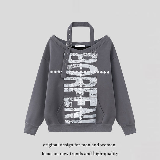 Damen Baumwoll-Mix Pullover mit abnehmbarem Nackenriemen, Kängurutasche und distressed Logoprint Nord Taschen