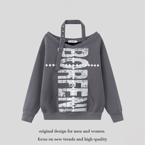 Damen Baumwoll-Mix Pullover mit abnehmbarem Nackenriemen, Kängurutasche und distressed Logoprint Nord Taschen