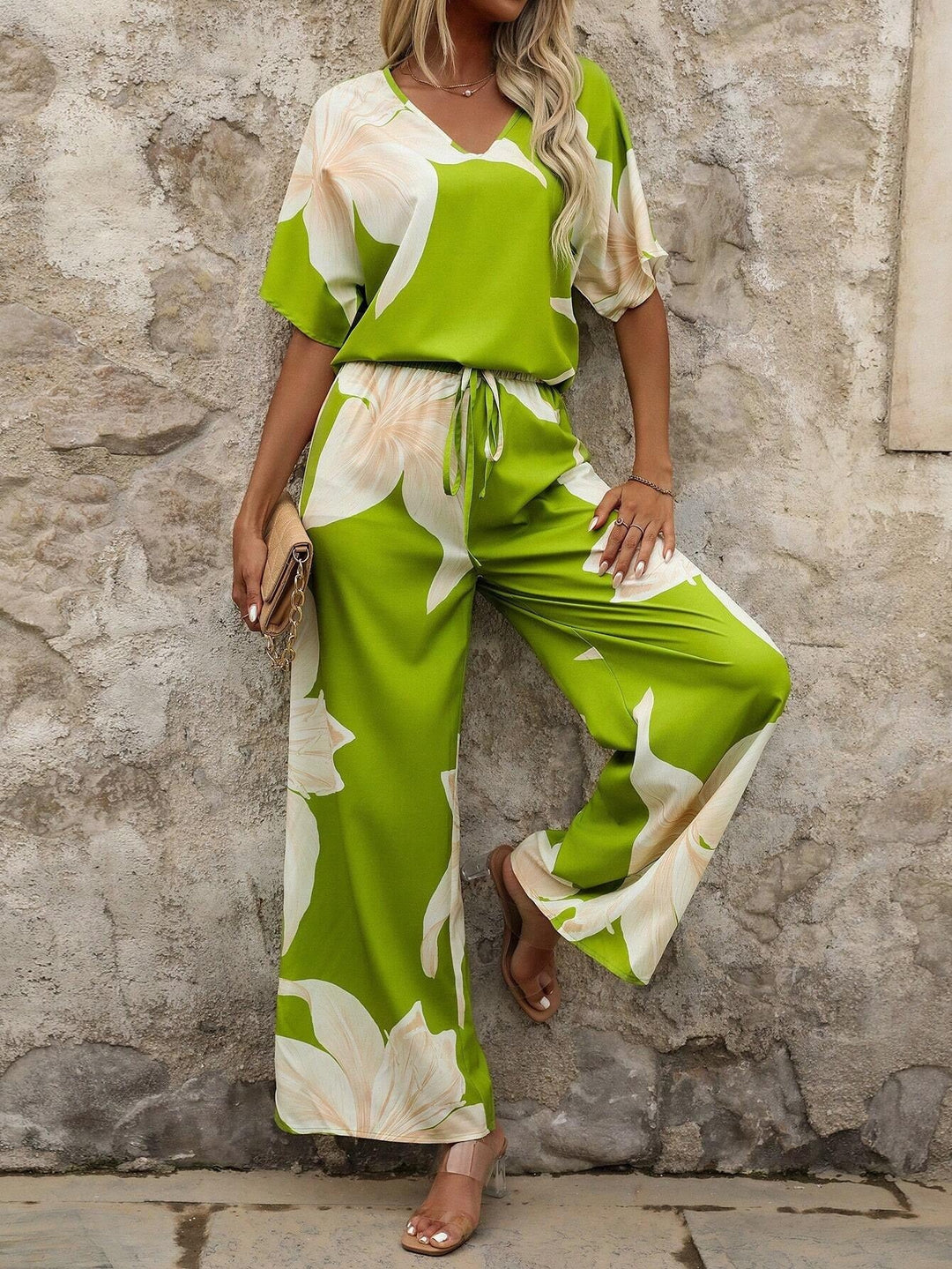 Damen Eleganter Jumpsuit mit floralen Mustern und weitem Bein