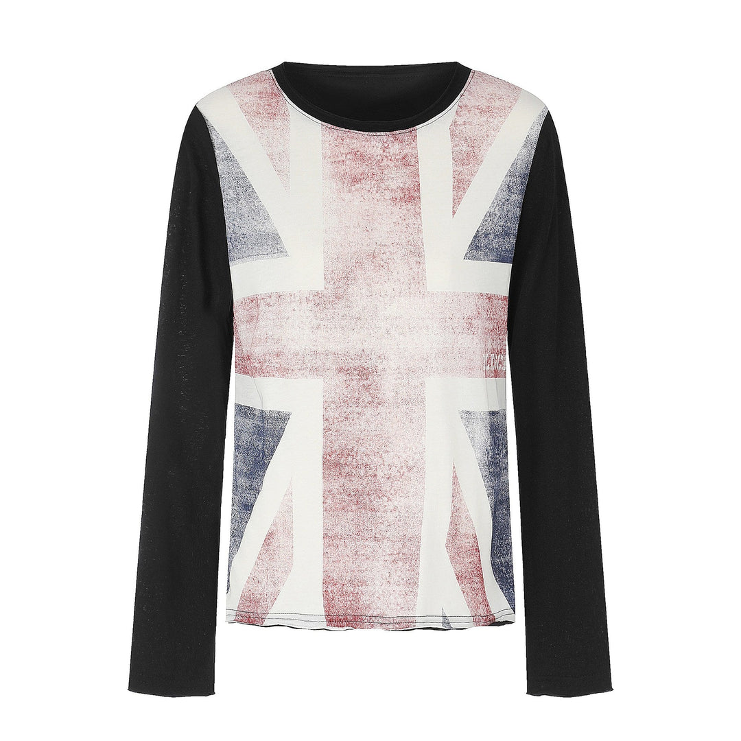 Damen Rundhals-Longsleeve aus Baumwollmix mit Vintage-Union-Jack-Print und Kontrastärmeln Nord Taschen