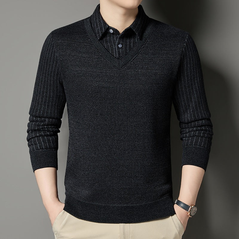 Herren Feinstrick-Pullover mit V-Ausschnitt und integriertem Polokragen Nord Taschen