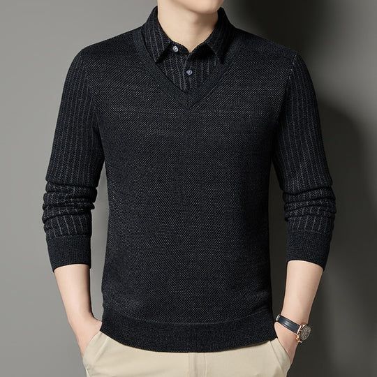 Herren Feinstrick-Pullover mit V-Ausschnitt und integriertem Polokragen Nord Taschen
