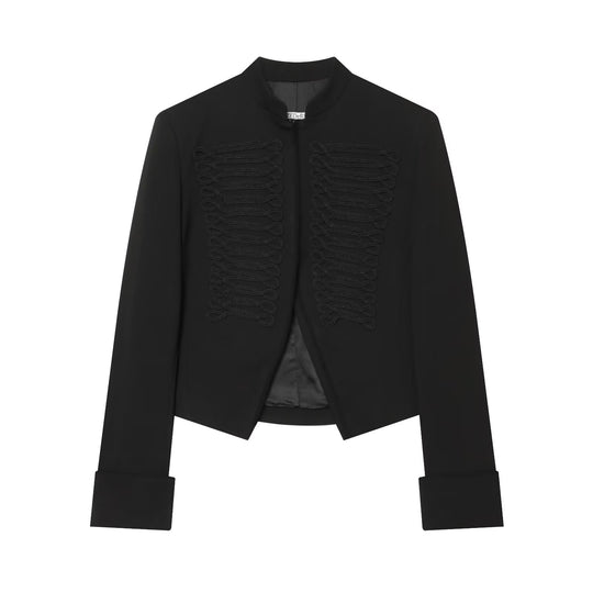 Damen Kurzgeschnittener Militärblazer mit ornamentalem Kordelbesatz und Stehkragen Nord Taschen