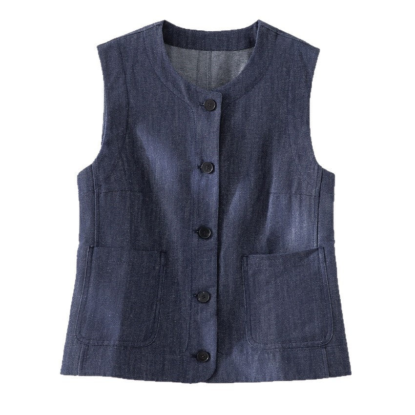 Damen Ärmellose leicht taillierte Weste aus Leinen-Denim mit Knopfleiste und aufgesetzten Taschen Nord Taschen