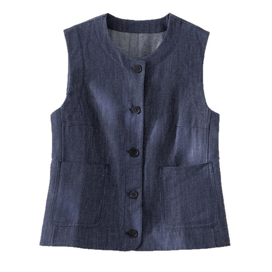 Damen Ärmellose leicht taillierte Weste aus Leinen-Denim mit Knopfleiste und aufgesetzten Taschen Nord Taschen