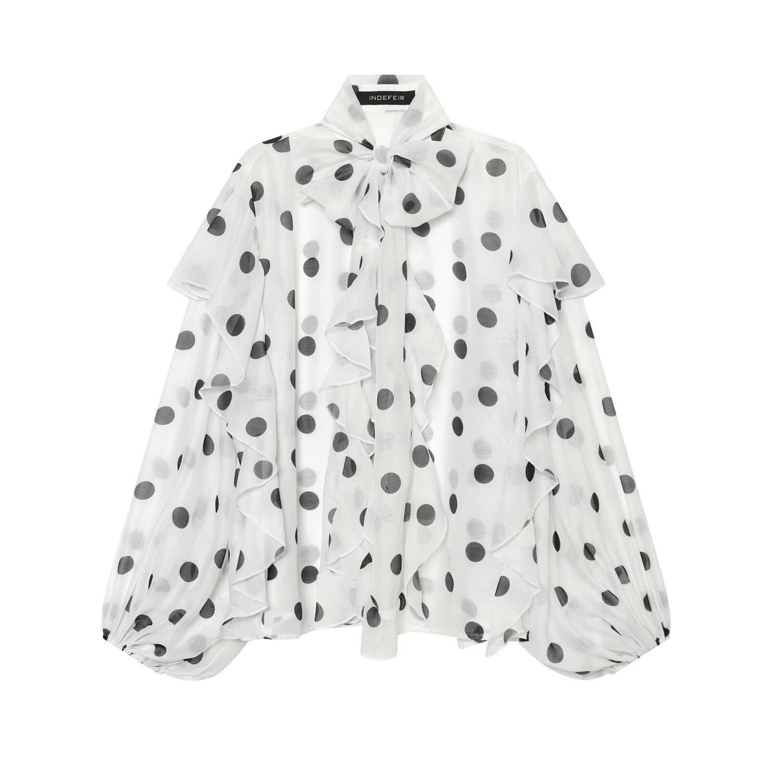 Damen Transparente Polka-Dot Chiffon-Bluse mit XXL-Volants und Schleifenkragen Nord Taschen