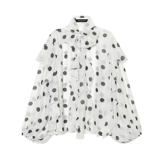 Damen Transparente Polka-Dot Chiffon-Bluse mit XXL-Volants und Schleifenkragen Nord Taschen