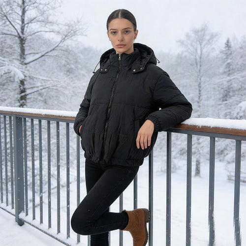 Damen Wattierte Steppjacke mit Volumenkapuze, elastischem Saum und verstellbarer Taille Nord Taschen