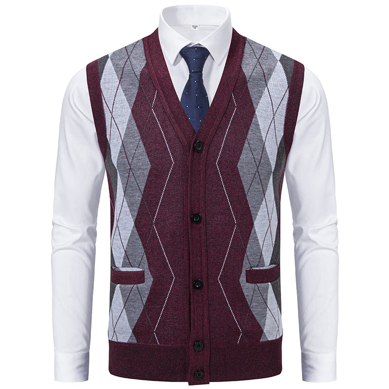 Herren Ärmellose Strickweste mit Rauten‑Muster, V‑Ausschnitt und Knopfleiste Nord Taschen