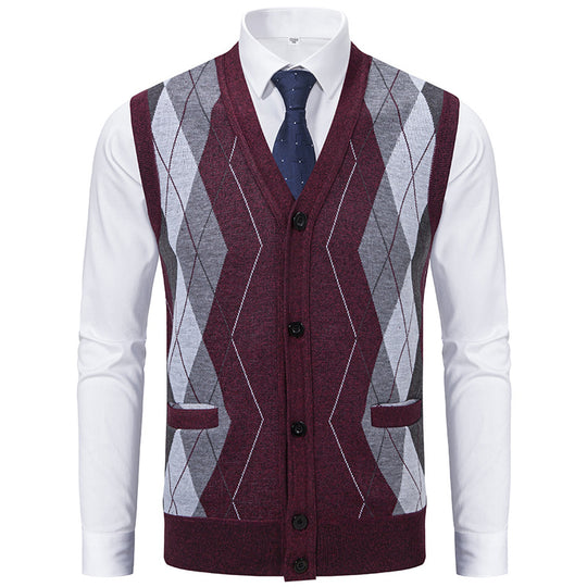 Herren Ärmellose Strickweste mit Rauten‑Muster, V‑Ausschnitt und Knopfleiste Nord Taschen