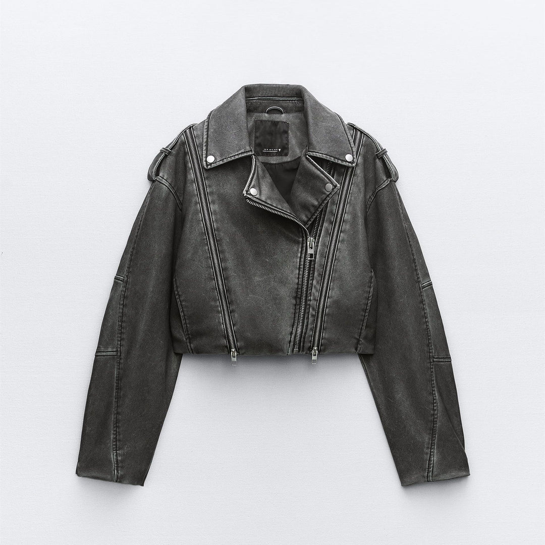 Damen Kurz geschnittene Bikerjacke aus Kunstleder mit asymmetrischer Reißverschlussfront und Oversized‑Boxy‑Silhouette Nord Taschen