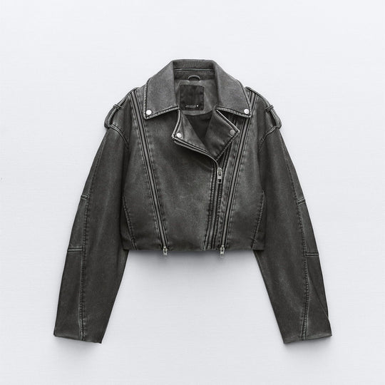Damen Kurz geschnittene Bikerjacke aus Kunstleder mit asymmetrischer Reißverschlussfront und Oversized‑Boxy‑Silhouette Nord Taschen
