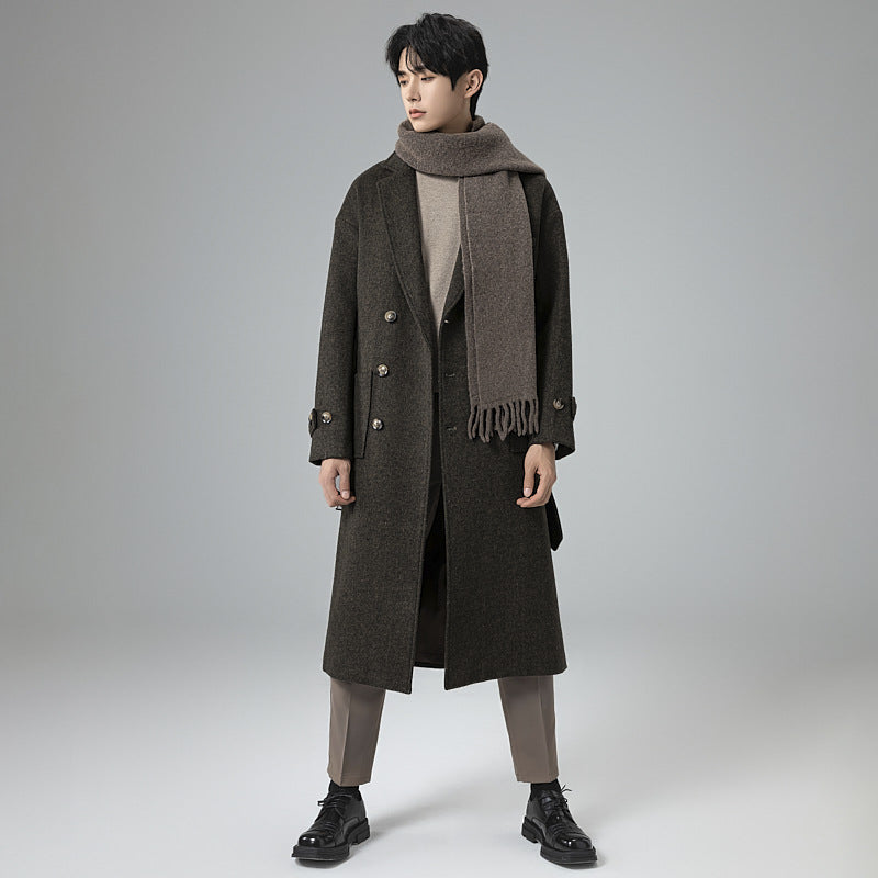 Herren Maxilanger Wollmix-Mantel im Tweed-Look mit Oversize-Schnitt, Doppelreihe und Bindegürtel Nord Taschen