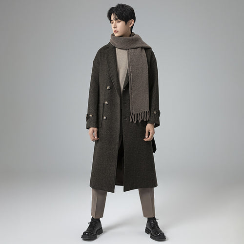 Herren Maxilanger Wollmix-Mantel im Tweed-Look mit Oversize-Schnitt, Doppelreihe und Bindegürtel Nord Taschen