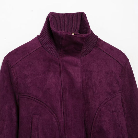 Damen Cropped Veloursjacke im Bomberstil mit hohem Rippkragen und Taillenbündchen Nord Taschen