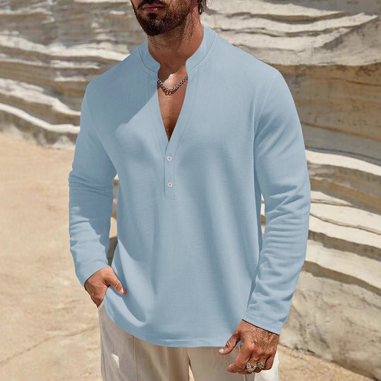 Herren Leichtes Leinen-Henley mit Stehkragen und 2-Knopf-Blende Nord Taschen