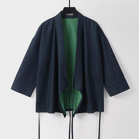 Damen Leichte zweifarbige Kimono-Jacke mit Bindebändern und kontrastiertem Innenfutter Nord Taschen
