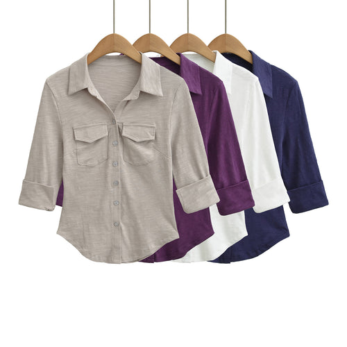 Damen Hemdbluse aus weichem Jersey mit aufgesetzten Brusttaschen und dreiviertelärmeln Nord Taschen