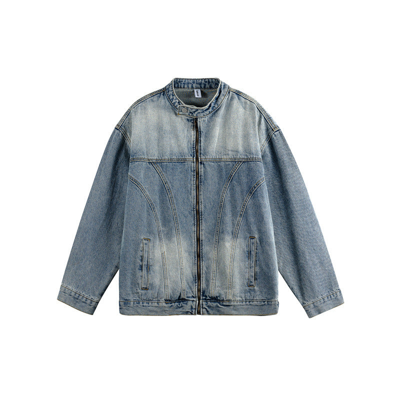 Unisex Boxy-Jeansjacke im Workwear-Stil mit geschwungener Teilnaht und Stehkragen Nord Taschen