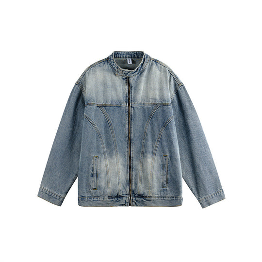 Unisex Boxy-Jeansjacke im Workwear-Stil mit geschwungener Teilnaht und Stehkragen Nord Taschen