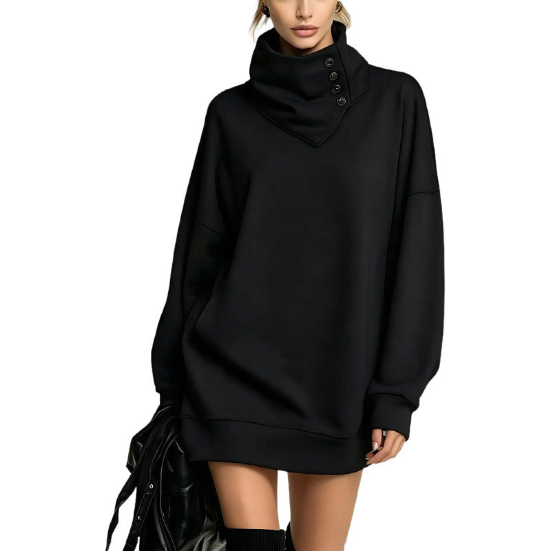Damen Oversize Sweatshirtkleid mit hohem Knopfkragen Nord Taschen