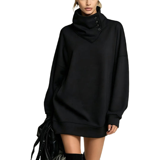 Damen Oversize Sweatshirtkleid mit hohem Knopfkragen Nord Taschen