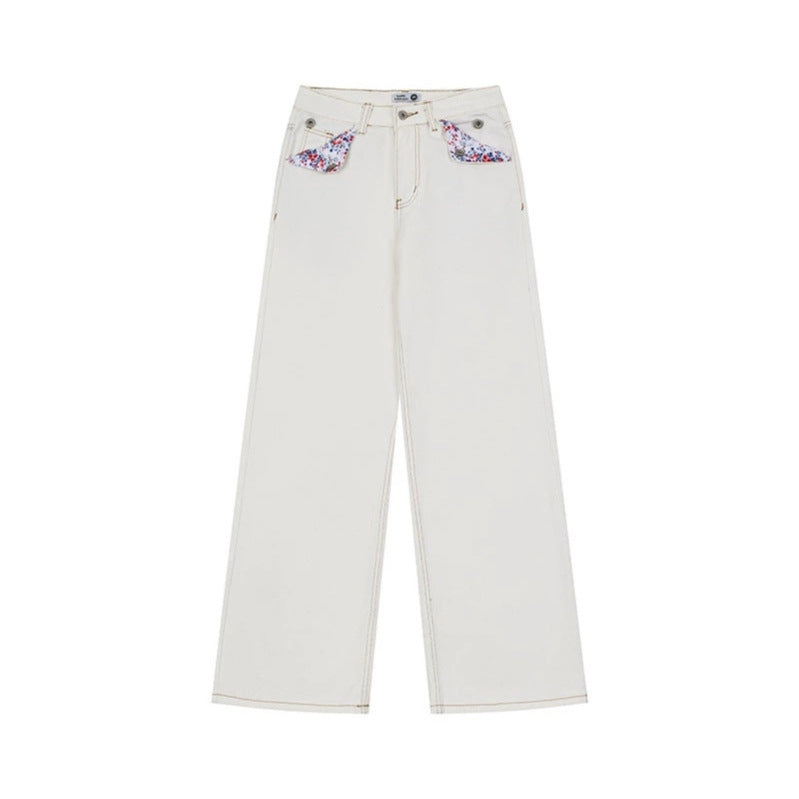 Damen Weite High‑Waist-Jeans im Palazzo-Schnitt mit Ziernaht und Blumen-Taschenfutter Nord Taschen