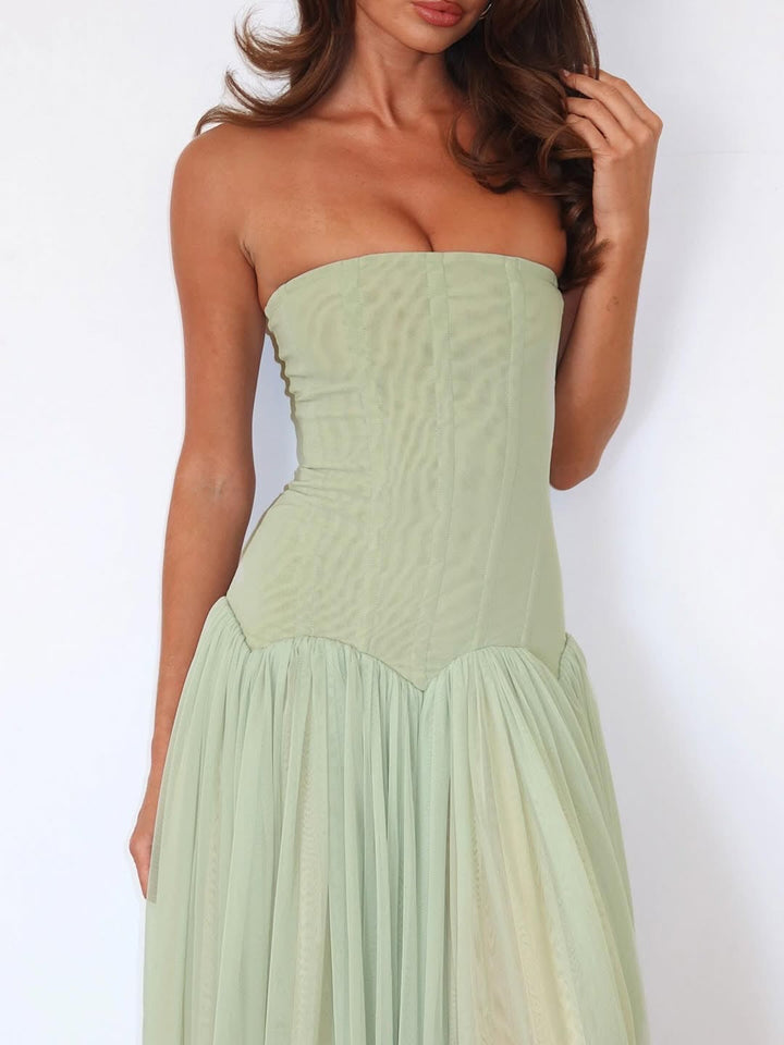 Damen elegantes, trägerloses Maxikleid mit fließendem Tüllrock
