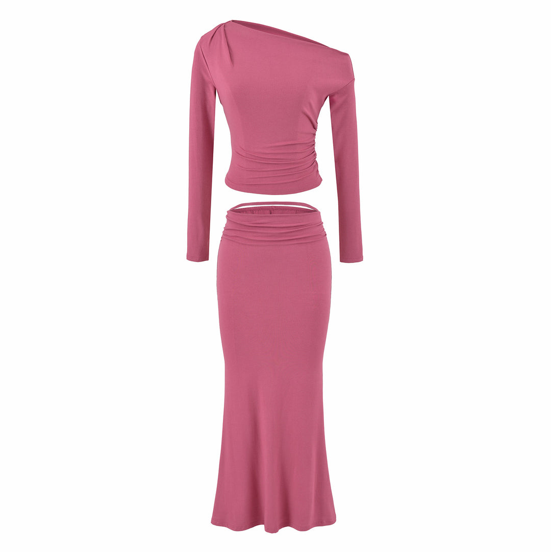Damen Einschultriges zweiteiliges Set mit gerafftem Crop-Top und tailliertem Maxirock Nord Taschen