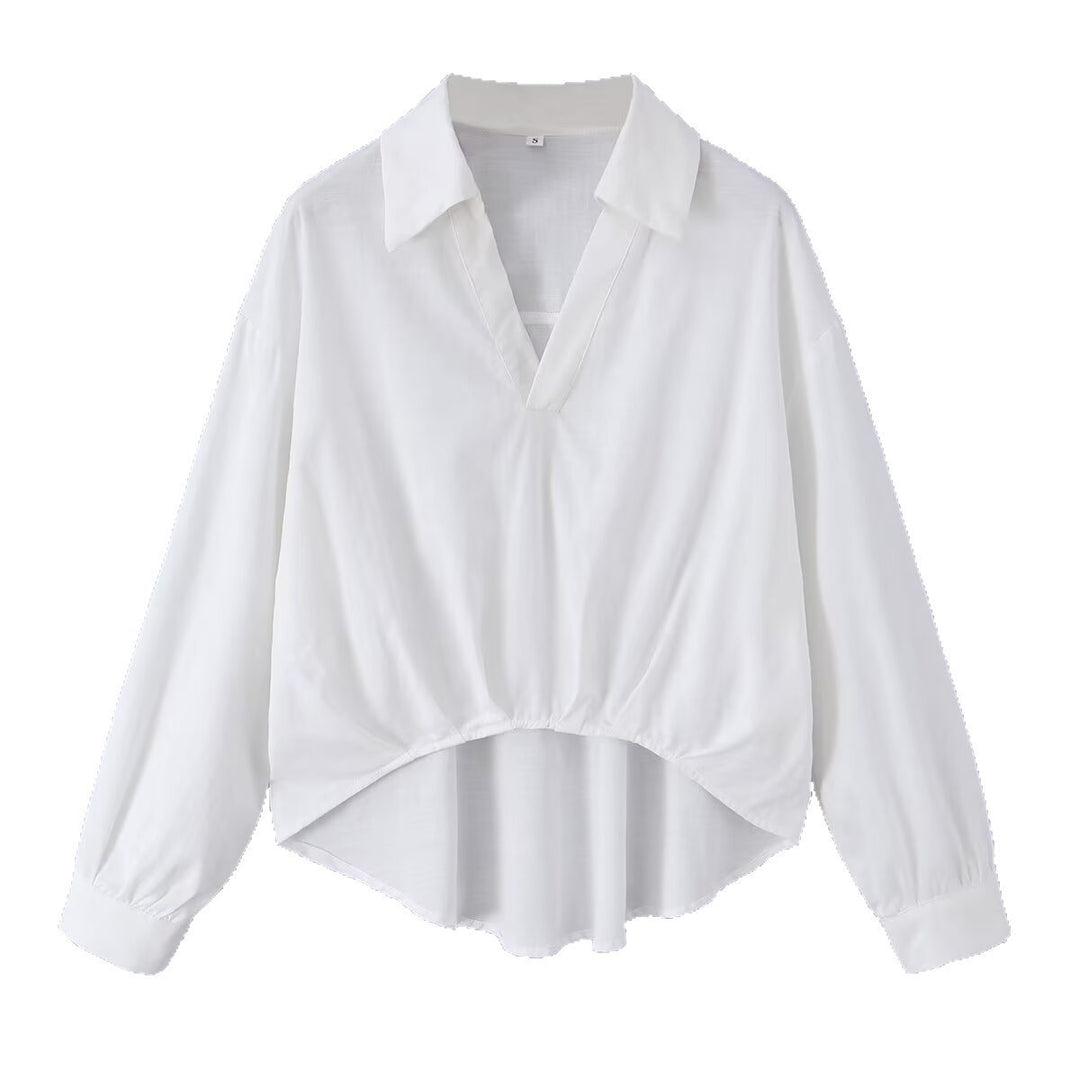 Damen Weite Bluse mit V‑Ausschnitt, Hemdkragen und gerafftem Hoch-Tief-Saum Nord Taschen