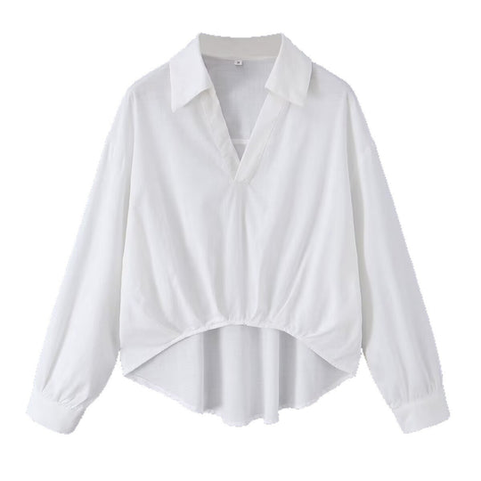 Damen Weite Bluse mit V‑Ausschnitt, Hemdkragen und gerafftem Hoch-Tief-Saum Nord Taschen