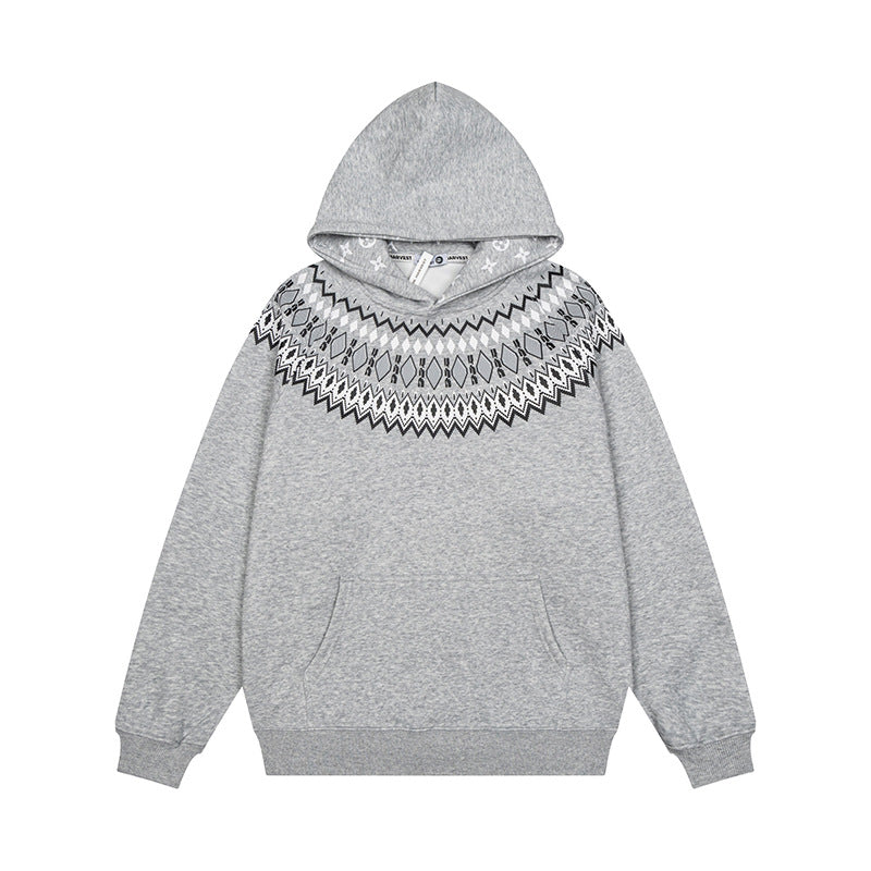 Unisex Oversize Kapuzenpullover mit nordischem Rundpasse-Jacquard, Kängurutasche und Rippbündchen Nord Taschen