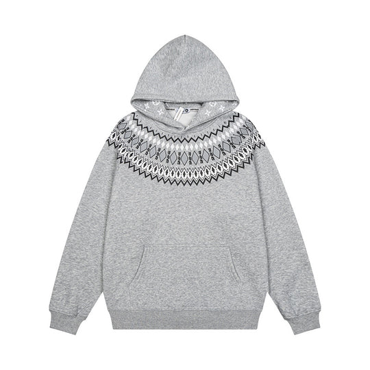 Unisex Oversize Kapuzenpullover mit nordischem Rundpasse-Jacquard, Kängurutasche und Rippbündchen Nord Taschen