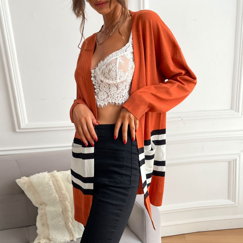 Damen Midilanger offener Feinstrick-Cardigan mit Colorblock-Streifen und aufgesetzten Taschen Nord Taschen