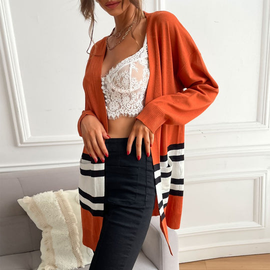 Damen Midilanger offener Feinstrick-Cardigan mit Colorblock-Streifen und aufgesetzten Taschen Nord Taschen