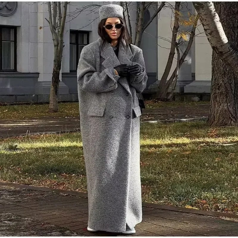 Damen 400+ langer Oversize Wollmix‑Maxi‑Mantel mit doppelreihiger Knopfleiste und Pattentaschen Nord Taschen