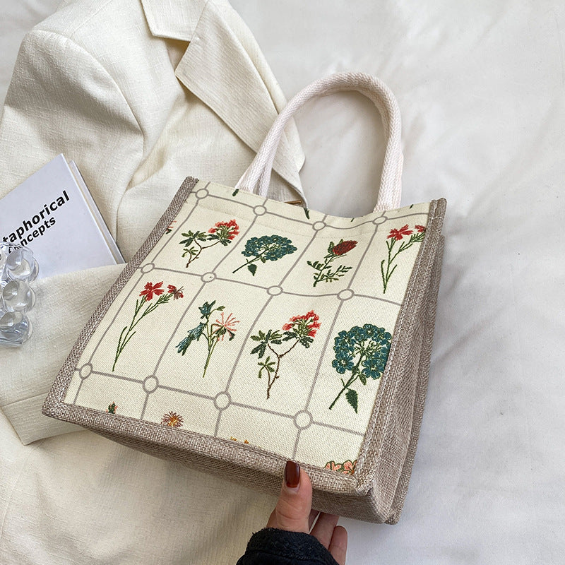 Damen Jute-Shopper Tasche mit floralem Stickmuster und stabilen Griffen Nord Taschen