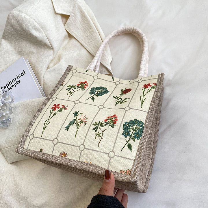 Damen Jute-Shopper Tasche mit floralem Stickmuster und stabilen Griffen Nord Taschen