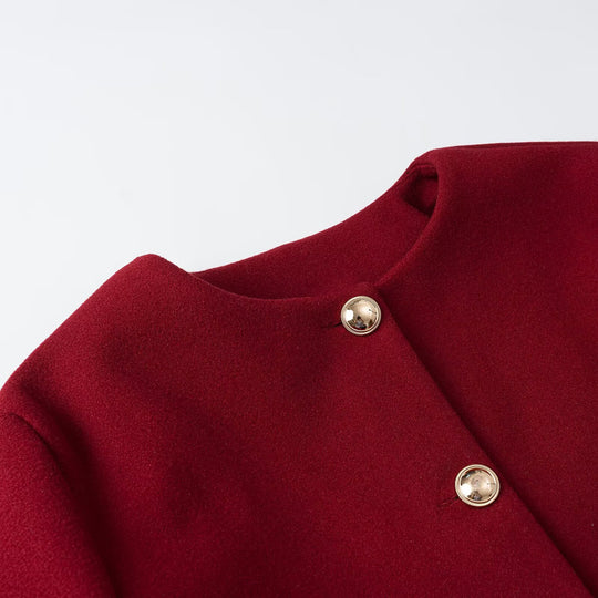 Damen Cropped Wollmix-Jacke mit Rundhalsausschnitt, aufgesetzten Taschen und goldfarbenen Zierknöpfen Nord Taschen