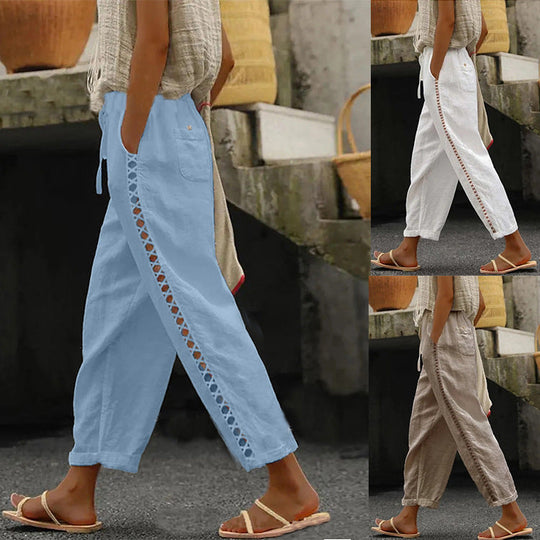 Damen Leinenhose mit seitlichen Spitzenakzenten und lässigem Schnitt