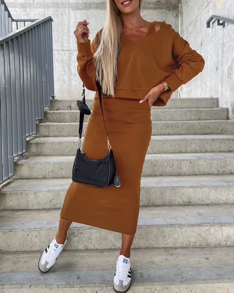 Damen Casual-Set Cropped-Sweatshirt mit Cut-Out-Trägern und High‑Waist Midirock aus Stretch-Fleece Nord Taschen