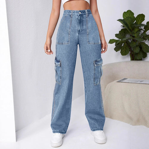 Damen Hochtaillierte Cargo-Weite-Jeans mit aufgesetzten Taschen und elastischem Saum Nord Taschen