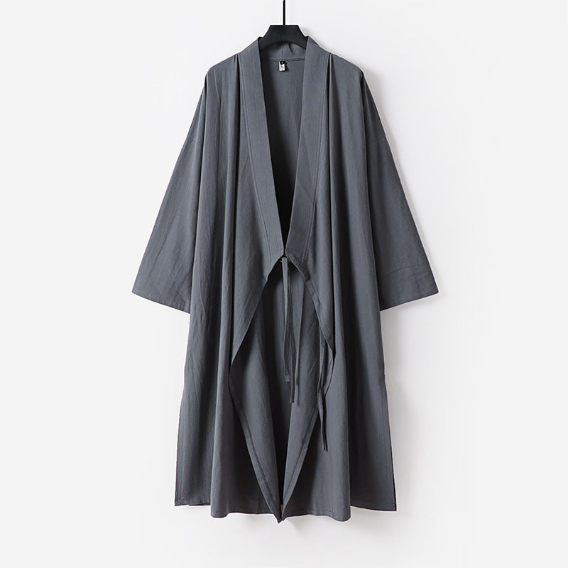 Unisex Langer Kimono-Mantel aus leichtem Baumwollmix mit drapierter Front und Bindeschlaufe Nord Taschen