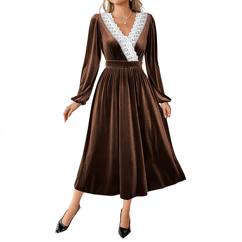 Damen Elegantes Samtkleid mit V‑Ausschnitt, Spitzenbesatz und taillierter Midilänge Nord Taschen