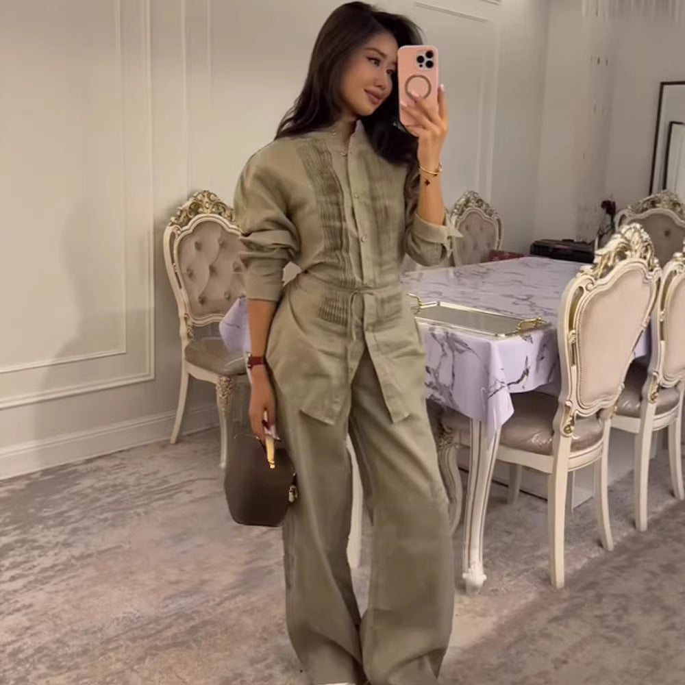Damen Lange Hemdbluse mit feinen Biesen, Stehkragen und Bindegürtel Nord Taschen