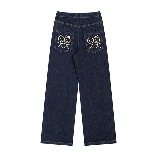 Damen Weite High‑Waist-Jeans mit geradem, weitem Bein und Stickerei auf Gesäßtaschen Nord Taschen