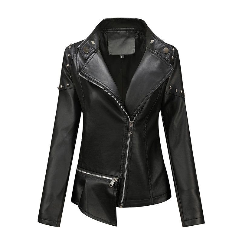 Damen Asymmetrische Kunstleder-Bikerjacke mit Nieten & schrägem Reißverschluss Nord Taschen