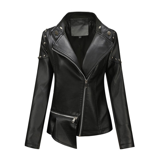 Damen Asymmetrische Kunstleder-Bikerjacke mit Nieten & schrägem Reißverschluss Nord Taschen