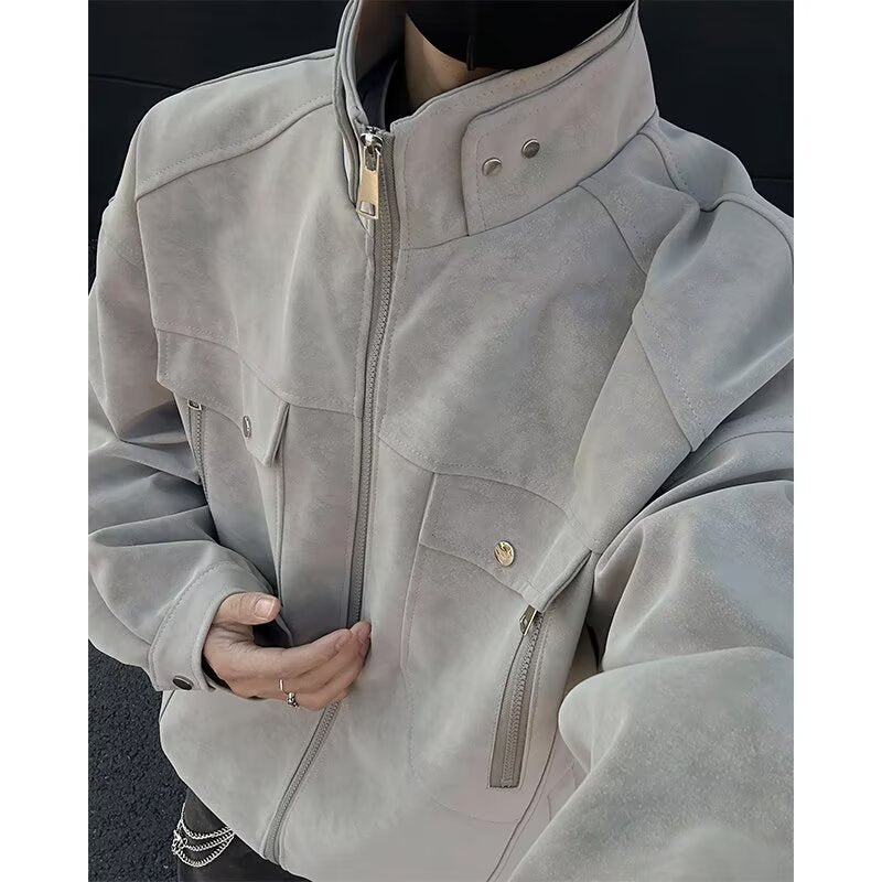Herren Oversized Wildleder-Optik Utility-Jacke mit hohem Stehkragen Nord Taschen