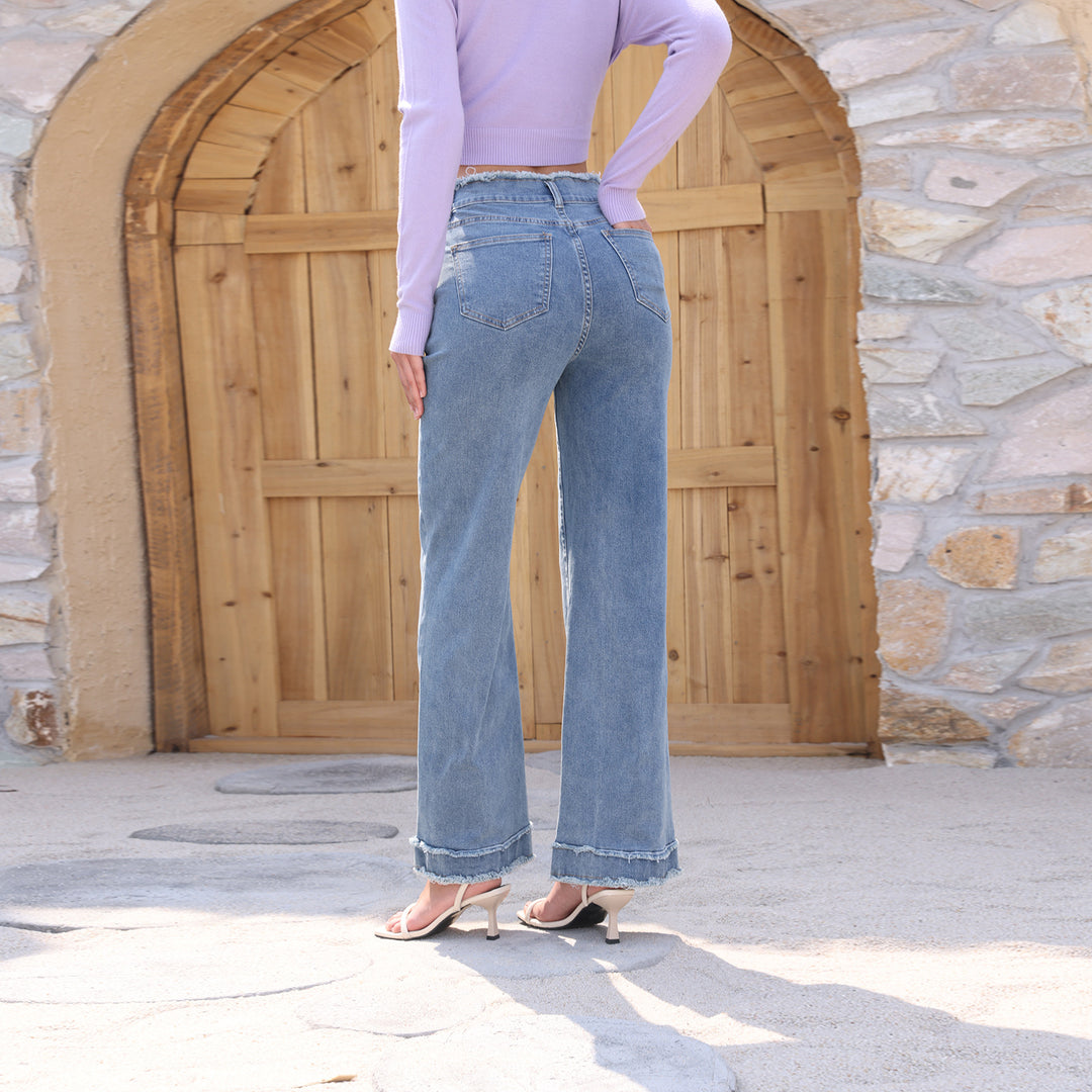 Damen Hochtaillierte Denim-Hose mit ausgefranstem Bund und weitem Bein Nord Taschen